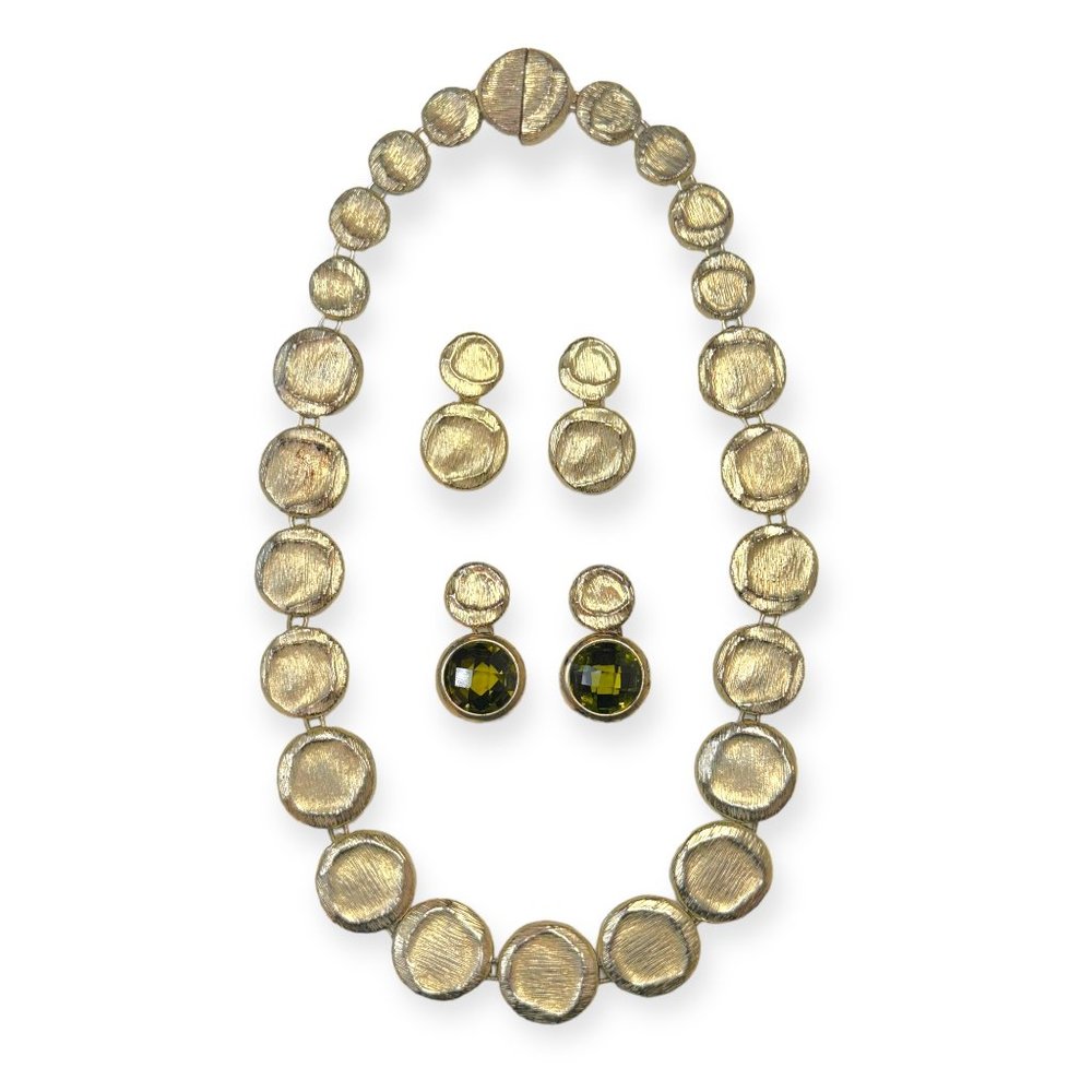 Vintage Hammered Gold Tone Metal Necklace And Earrings Set